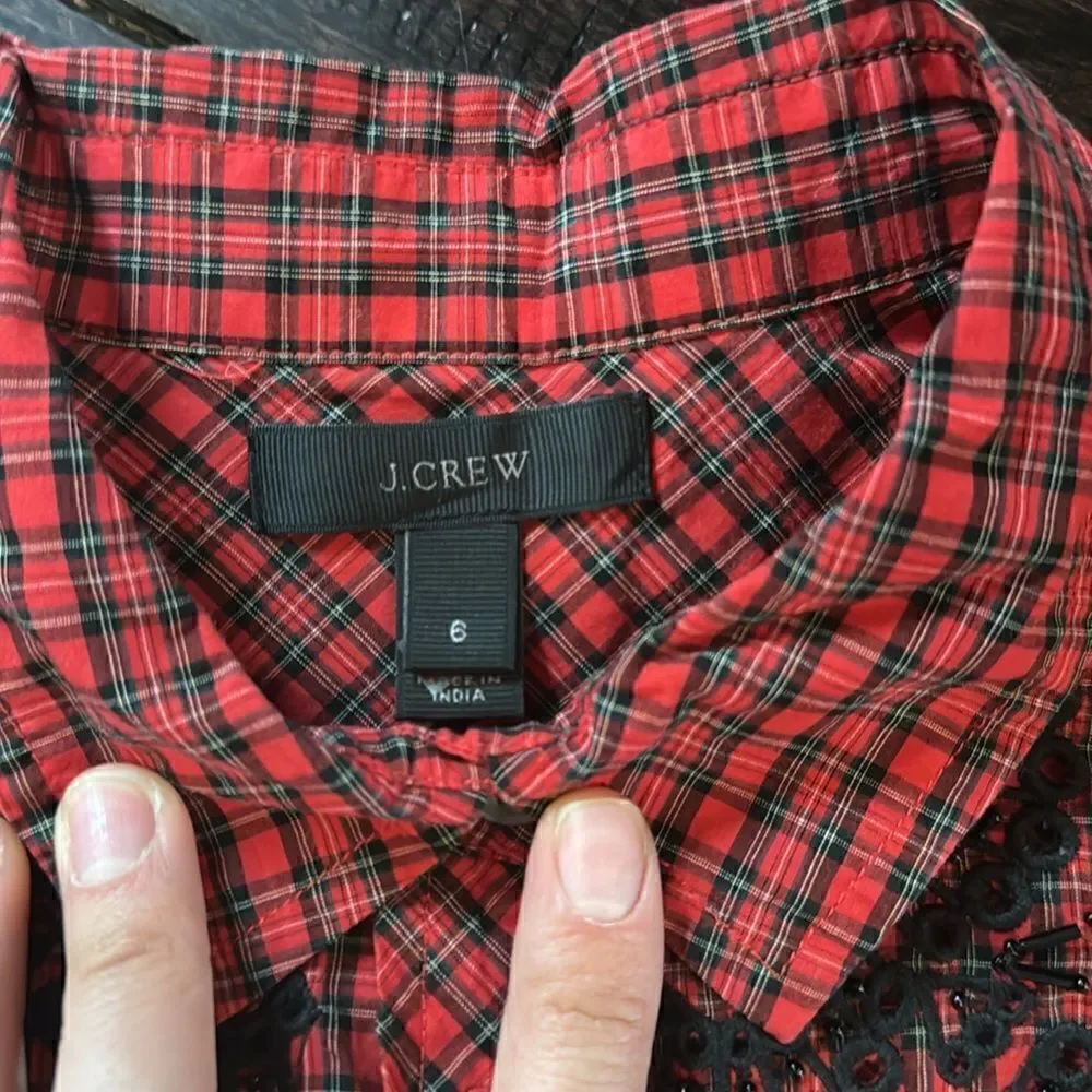 J.Crew Red Embellished Plaid Button Down